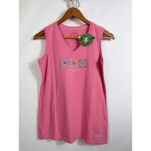 Life is Good Womens Crusher Sleeveless Tank Top Pink Flower Graphic V-Neck S